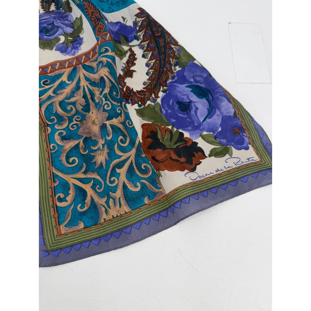 Oscar de la Renta Scarf Women OS Blue Floral Paisley Silk Vintage Luxury Chic - Picture 3 of 7